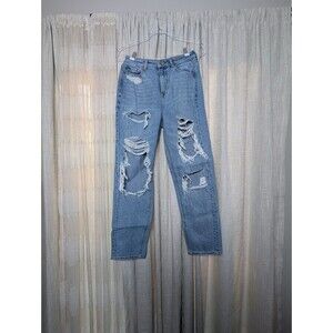 American Eagle Outfitters Women's Blue Distressed Mom Jeans Denim Regular